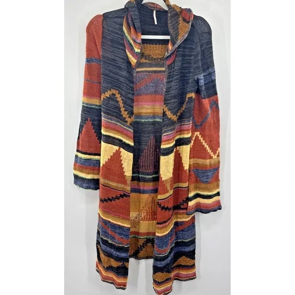 Free People Lima Aztec Hooded Cardigan Duster Sweater Long Women Medium - Picture 1 of 8